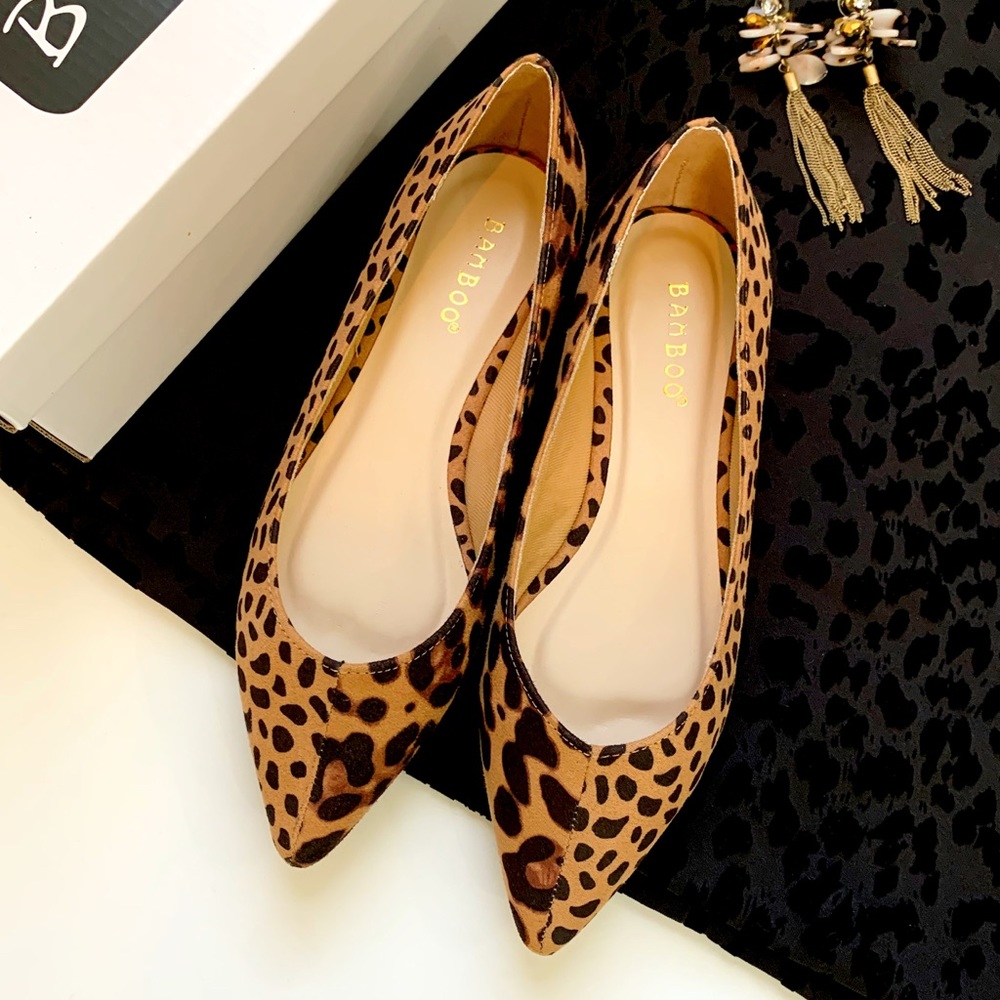 Bamboo Justify leopard cheetah pointy toe ballet flats ladies fashion shoes
